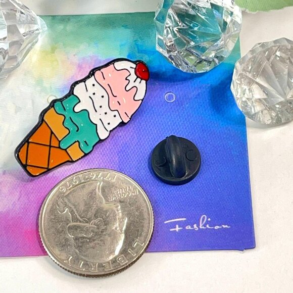 Ice Cream Cone Lapel Pin 3 Scoops Vanilla Strawberry Dessert Enamel Badge Brooch - Picture 2 of 5